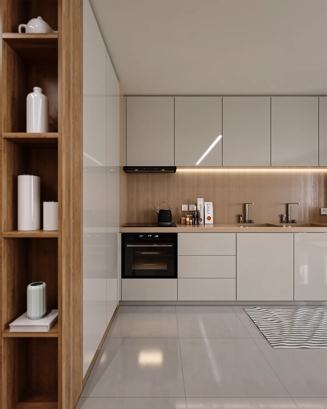 Render 3D de cozinha compacta branca de apartamento tipo