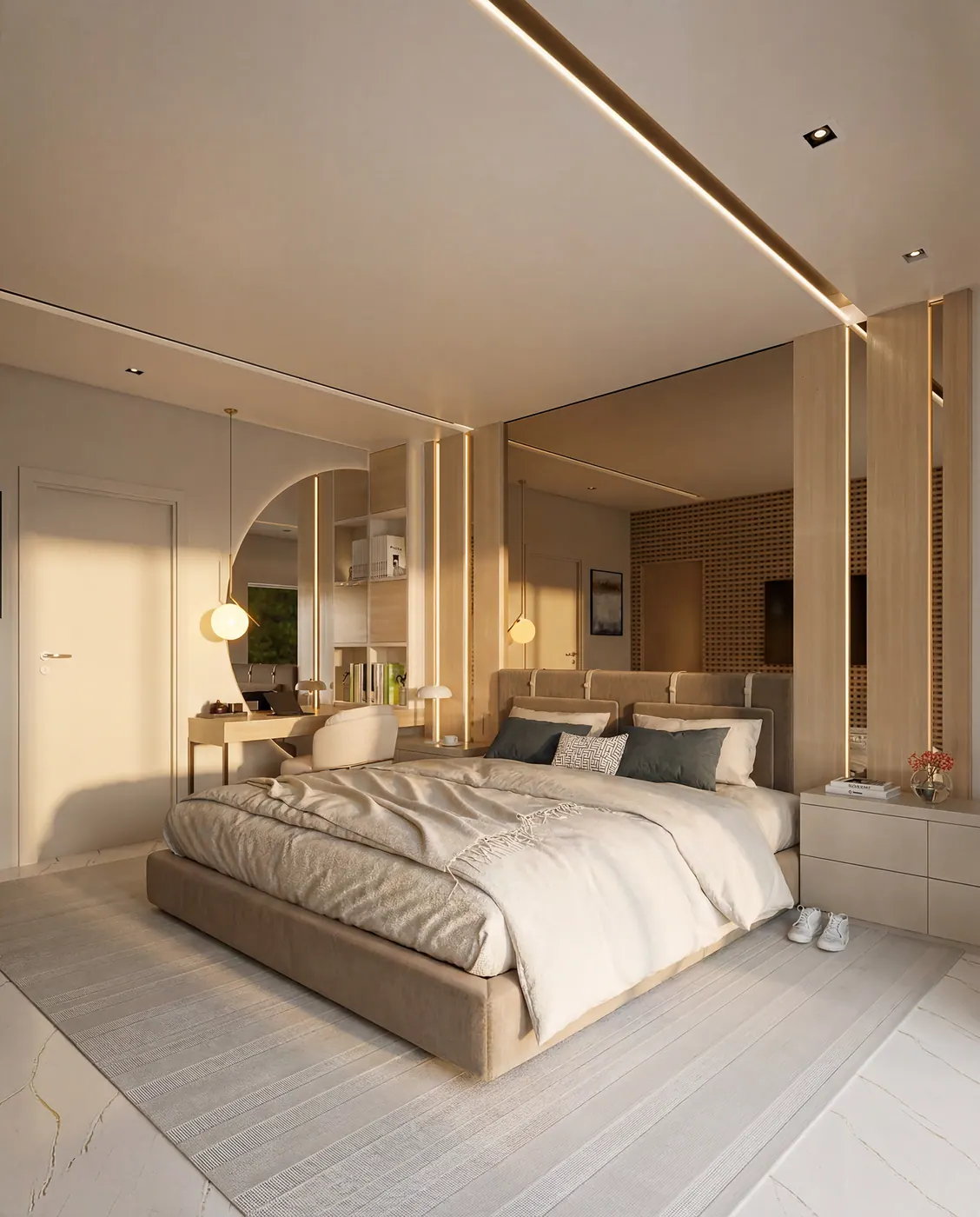 Render 3D de suíte de apartamento decorado com iluminação de fim de tarde