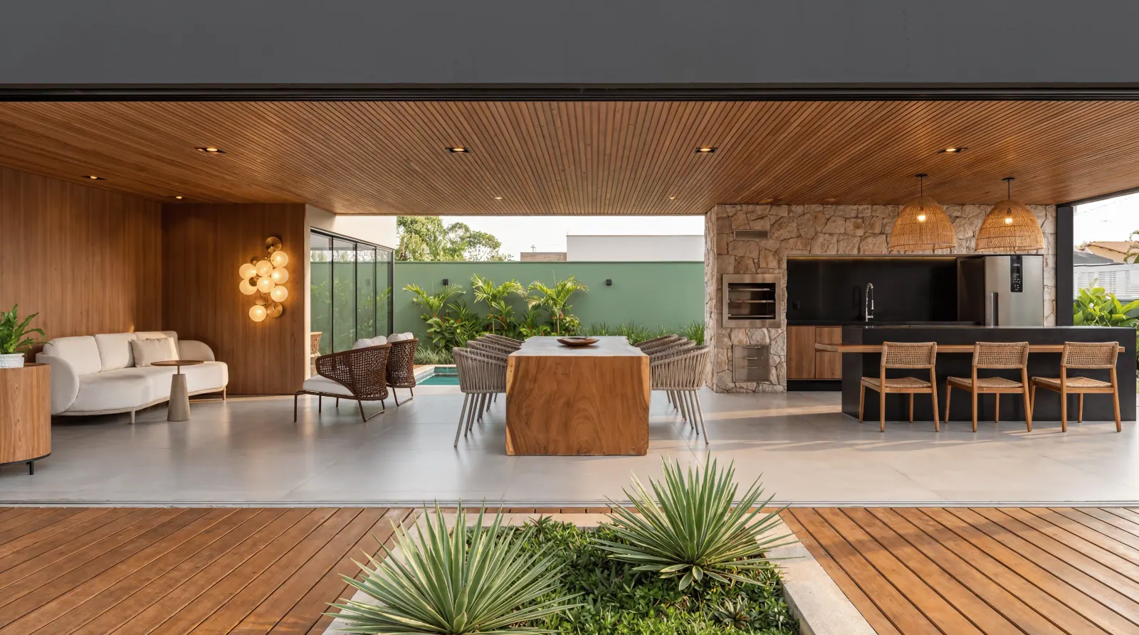 Render 3D de área gourmet aberta para piscina em condomínio de casas