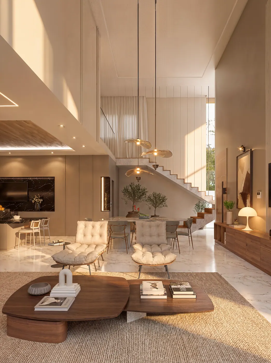 Render 3D de living com pé-direito duplo e escada em madeira