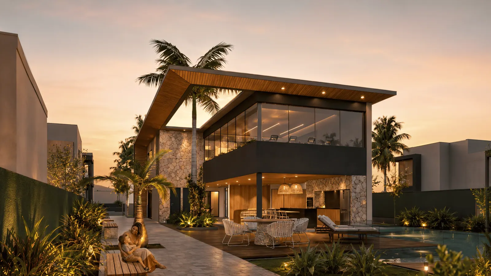 Render 3D de fachada de casa de condomínio ao pôr do sol, com piscina em primeiro plano