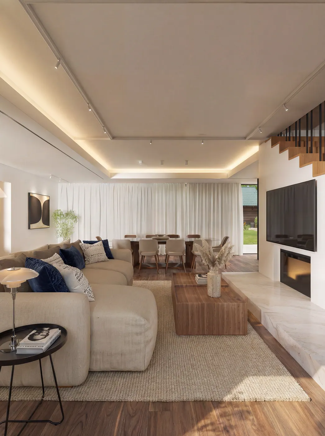 Render 3D de living com sofá em L, painel de TV e iluminação embutida