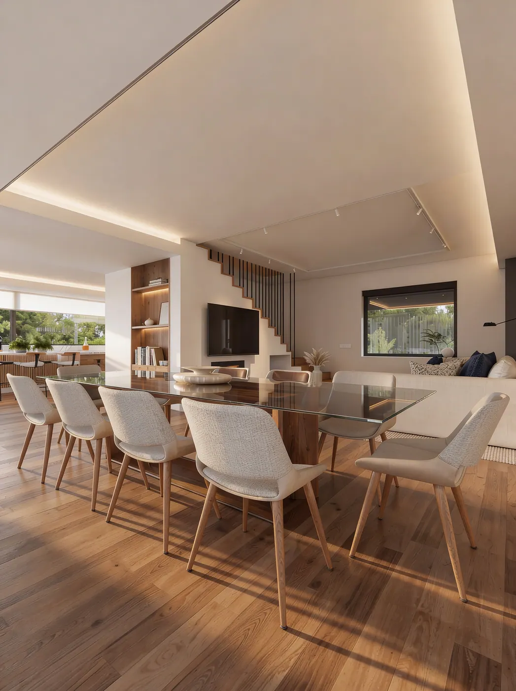 Render 3D de sala de jantar integrada à cozinha com mesa para oito lugares