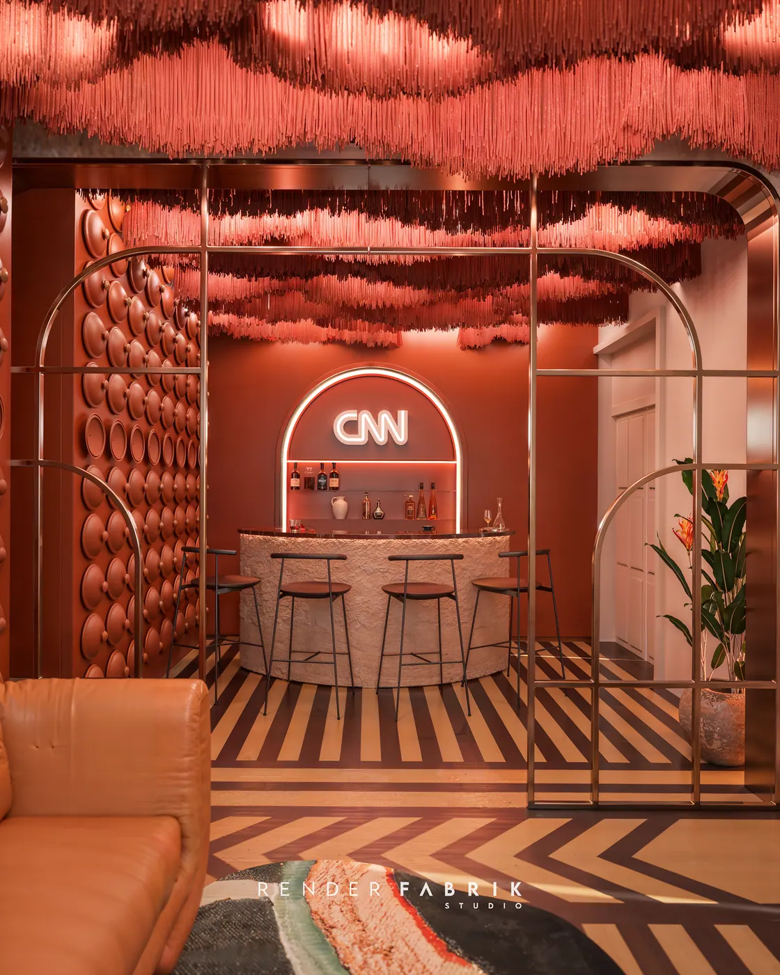 Render 3D de bar de evento com balcão iluminado e parede texturizada
