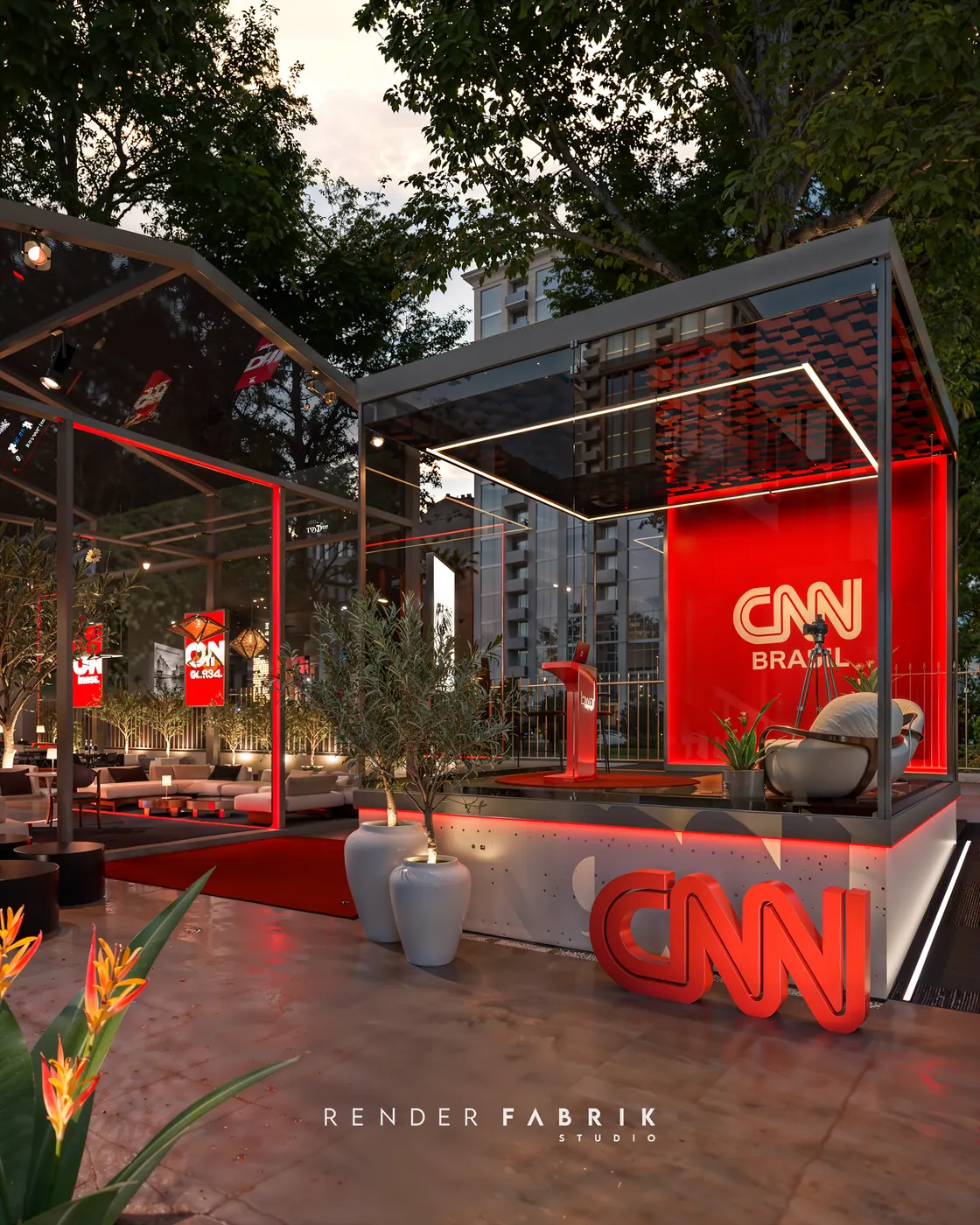 Render 3D de cenografia de evento: estande externo da CNN Brasil com pórticos vermelhos