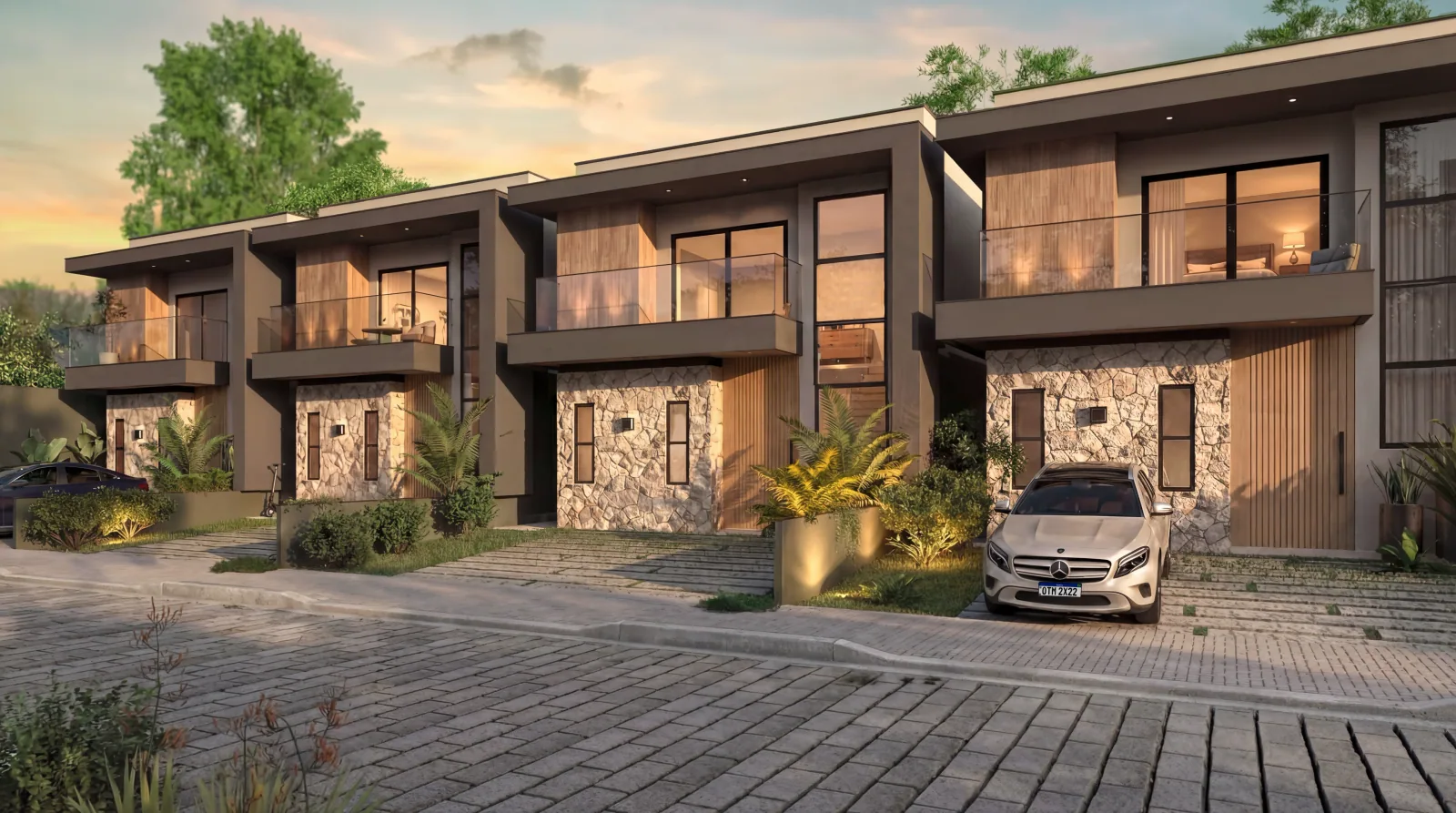 Render 3D de rua interna de condomínio de casas, mostrando implantação e fachadas