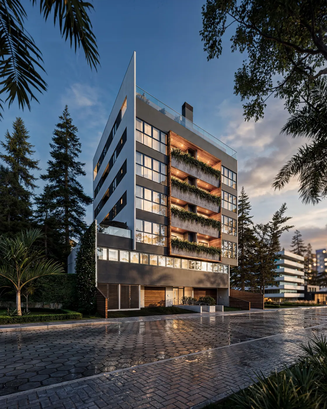 Render 3D de edifício residencial com varandas ajardinadas ao entardecer