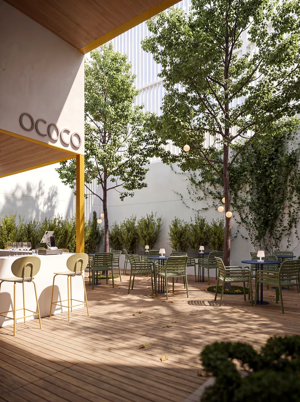 Render 3D de pátio interno de hotel com restaurante e vegetação