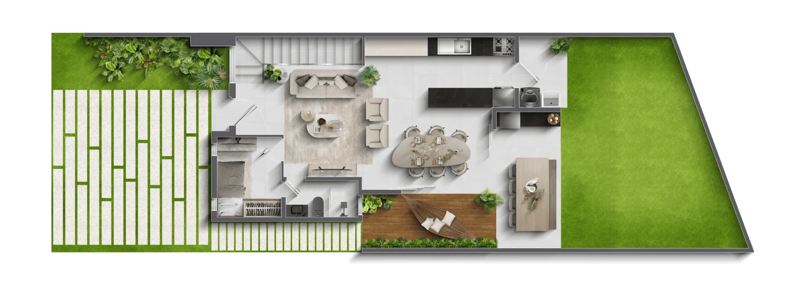 Planta humanizada do térreo de casa em terreno inclinado, com áreas externas