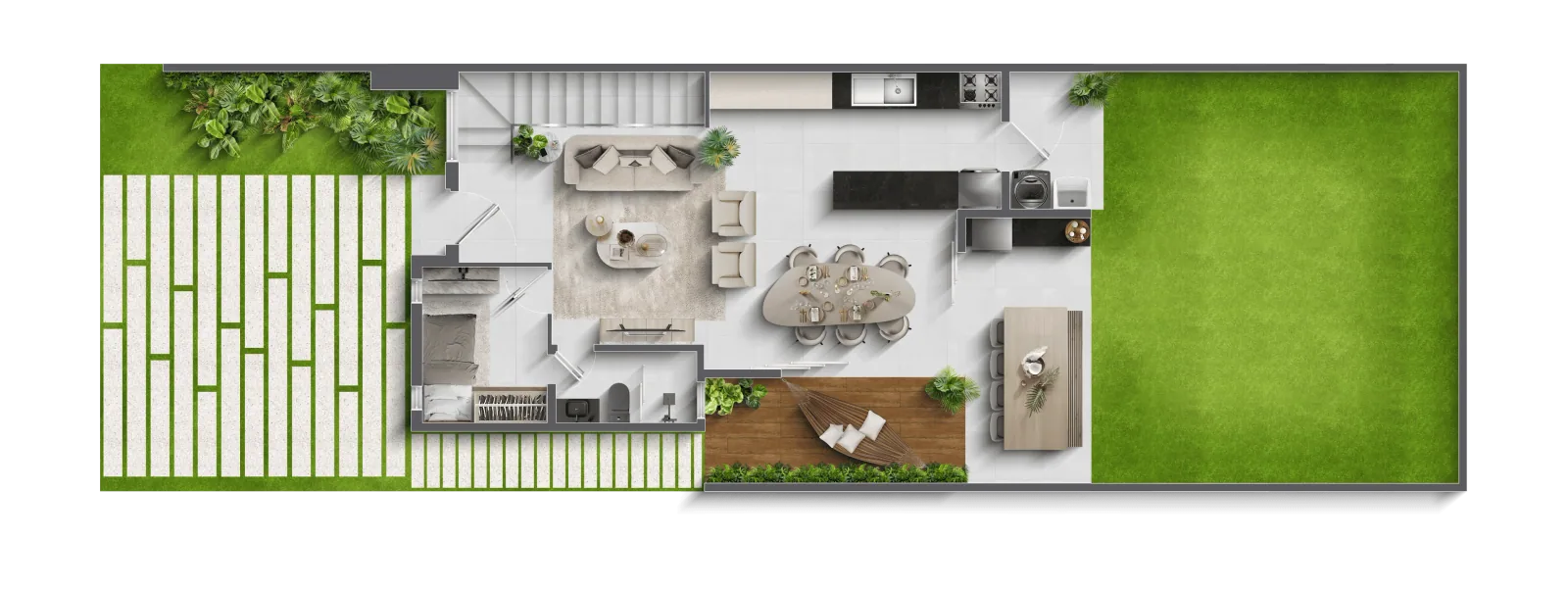 Planta humanizada do pavimento térreo de casa, com mobiliário, deck e jardim