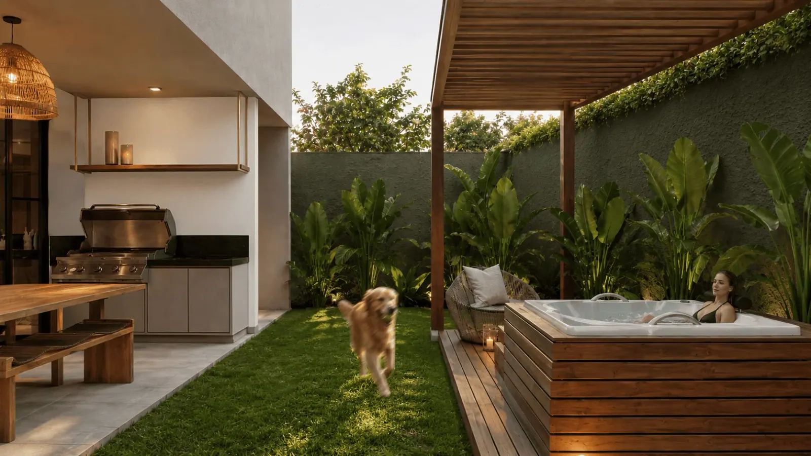 Render 3D de quintal de casa com deck, jacuzzi e churrasqueira