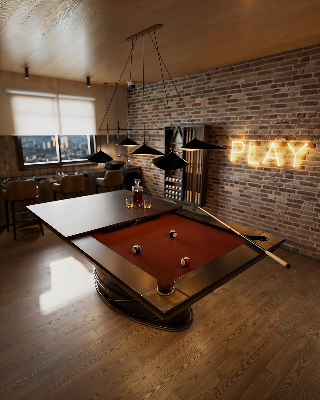 Render 3D de salão de jogos de condomínio com mesa de sinuca e tijolo aparente