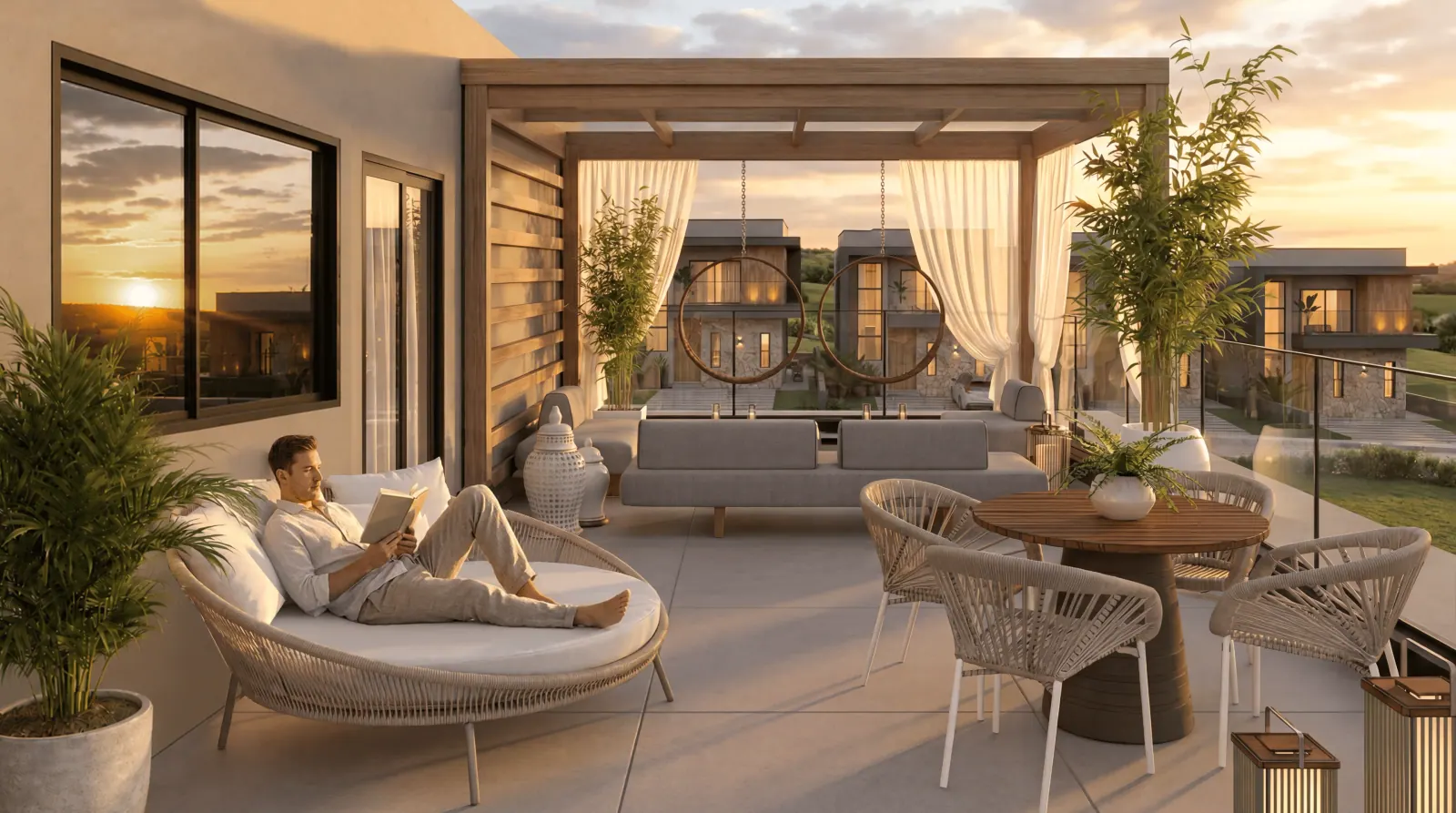 Render 3D de terraço de cobertura ao pôr do sol com lounge