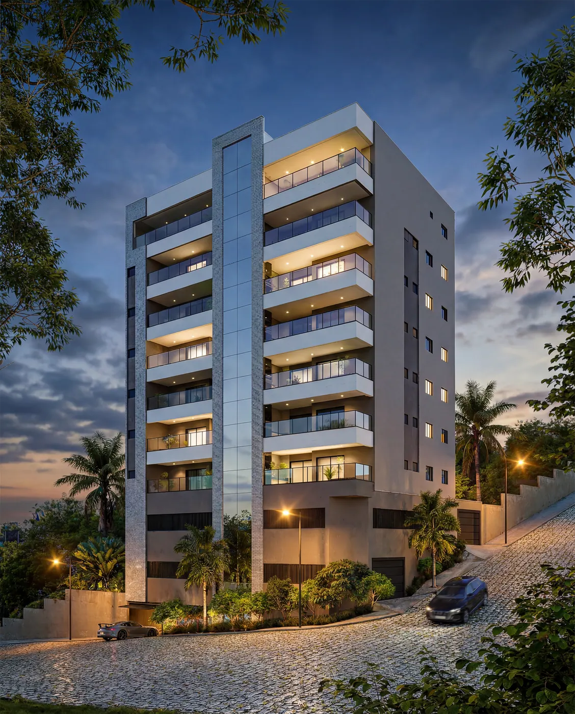 Render 3D de fachada de torre residencial à noite, com varandas iluminadas