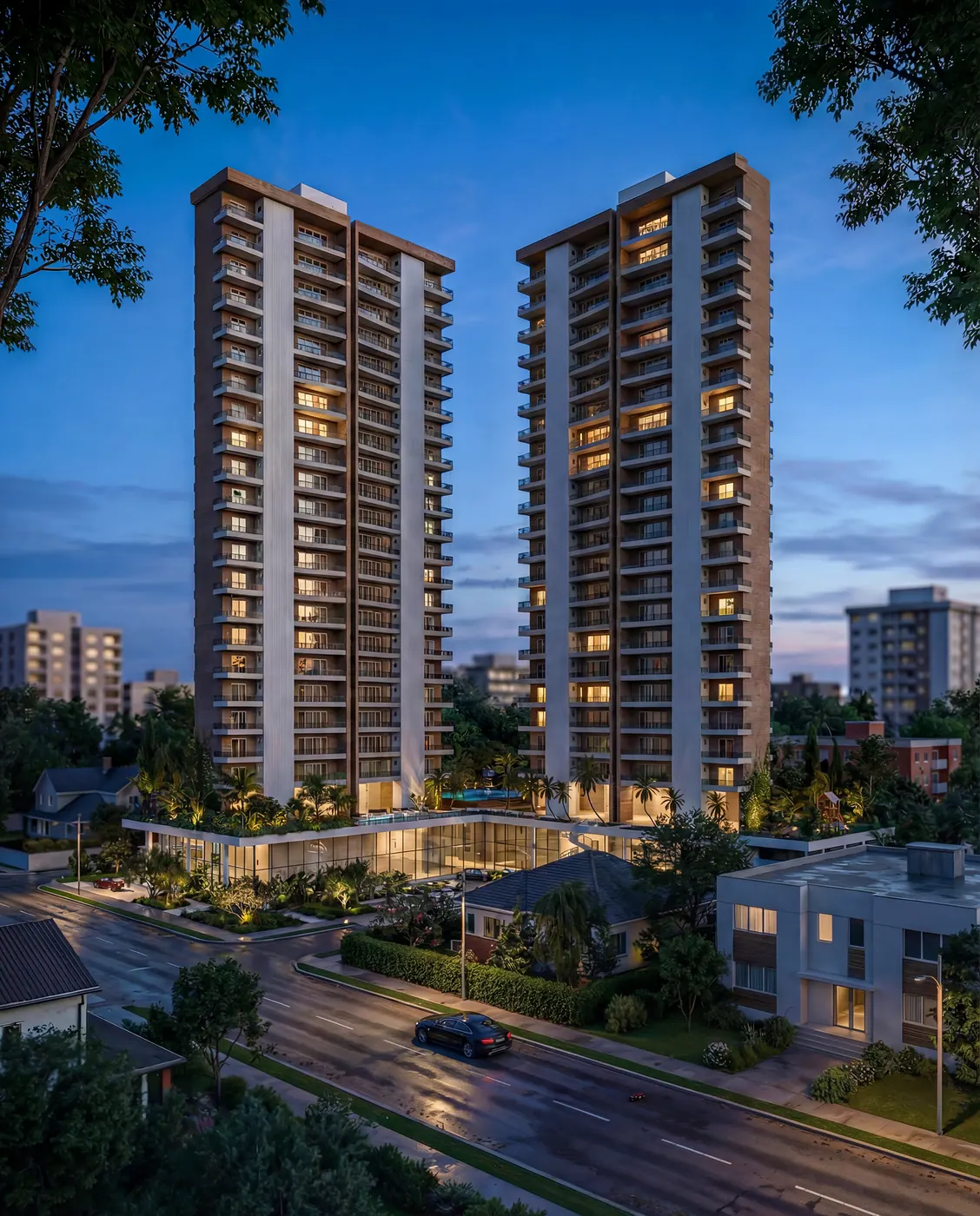 Render 3D em vista elevada de torre residencial com áreas de lazer no térreo