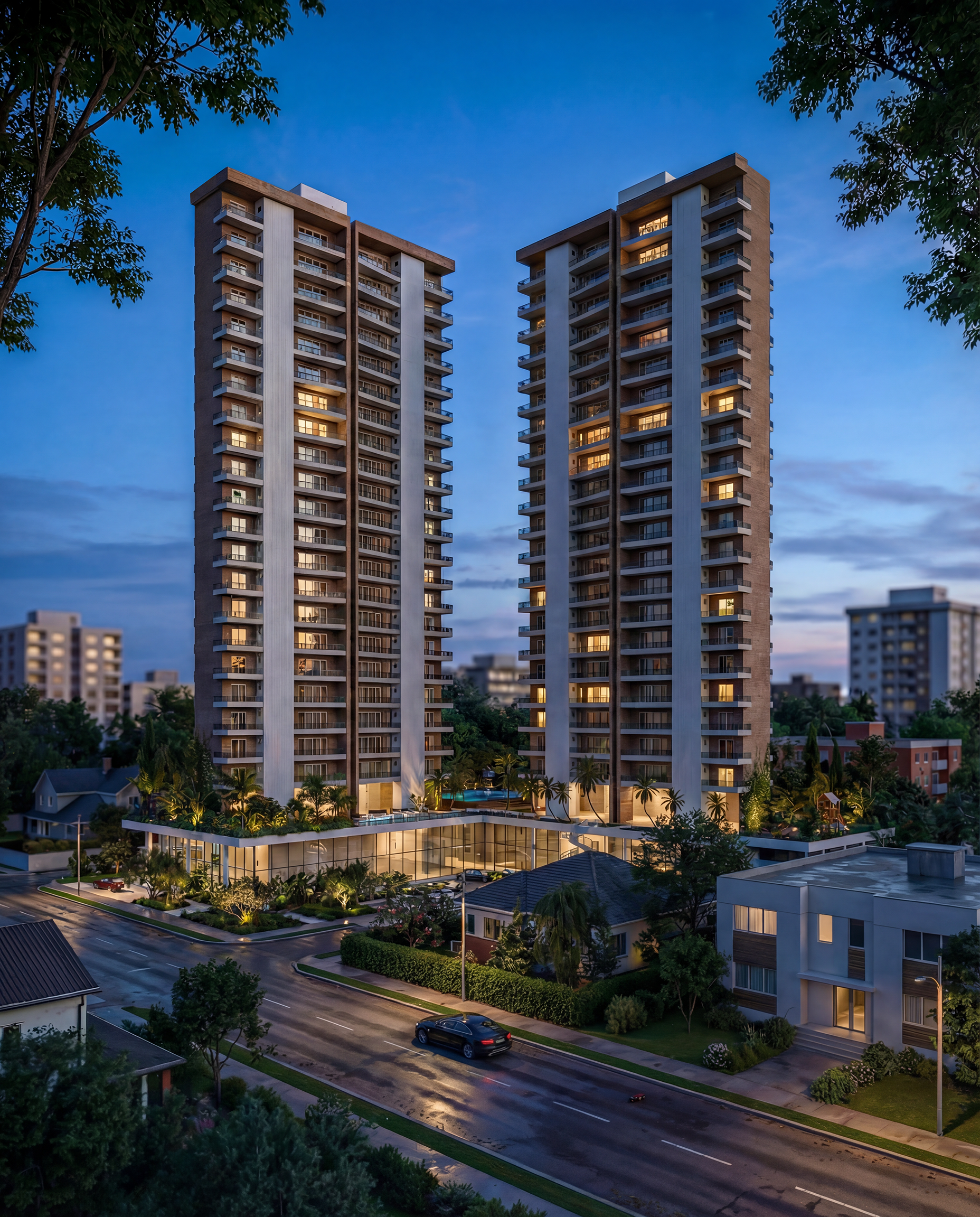 Fachadas verticais torres residenciais — render 3D